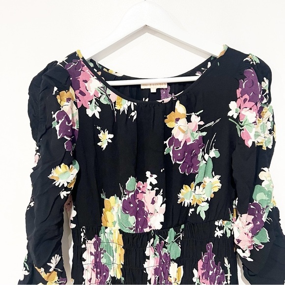 ByTiMo Floral Crepe Smocked Drop Waist Black Floral Gathered Maxi Dress small - Picture 5 of 11